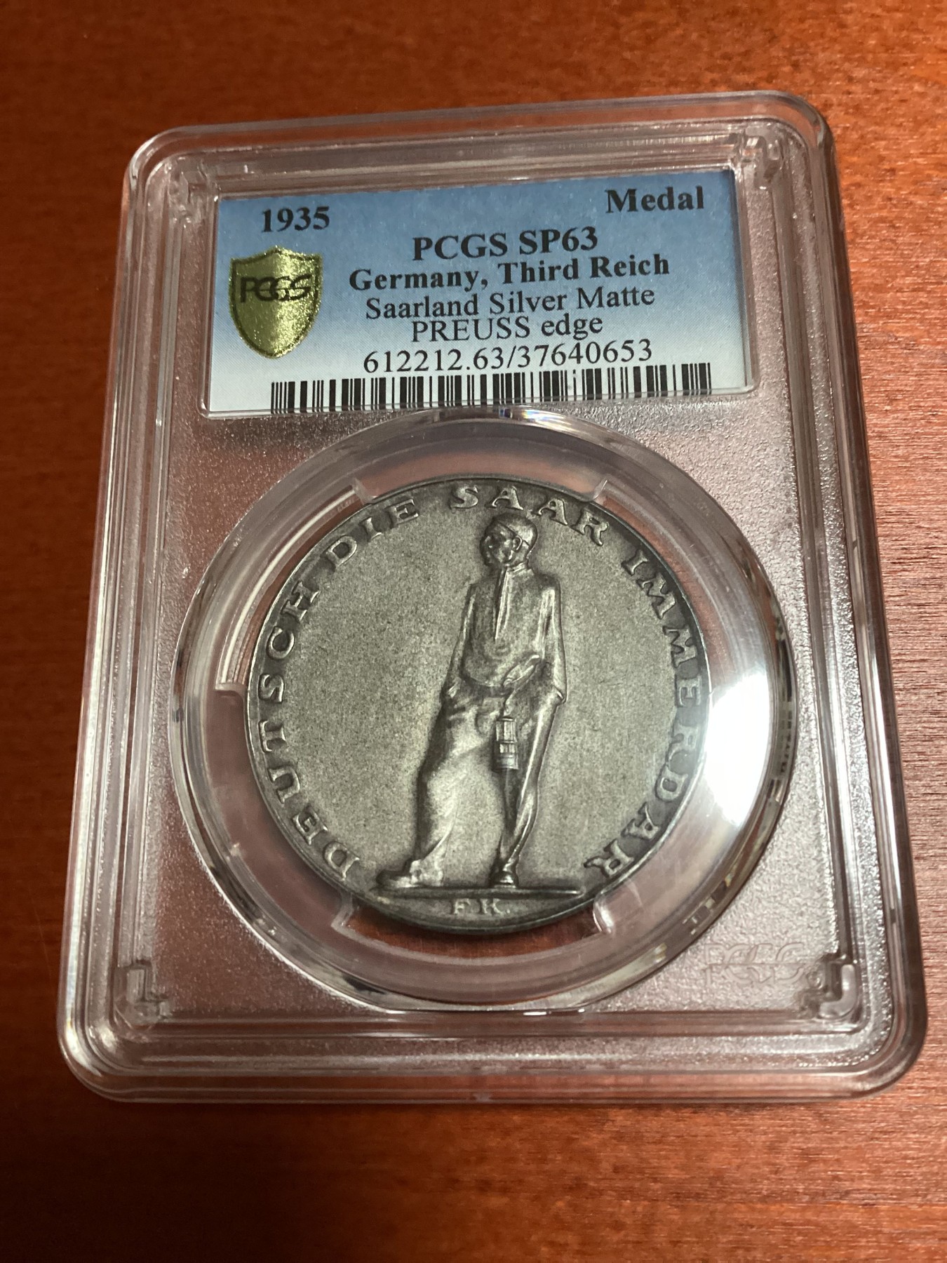 长老汇兔年精选第二场 1935 Medal Saarland Silver Matte PREUSS edge德国第三帝国吞并萨尔银章，PCGS SP63分，更高分仅有6枚，61分成交价1700多元