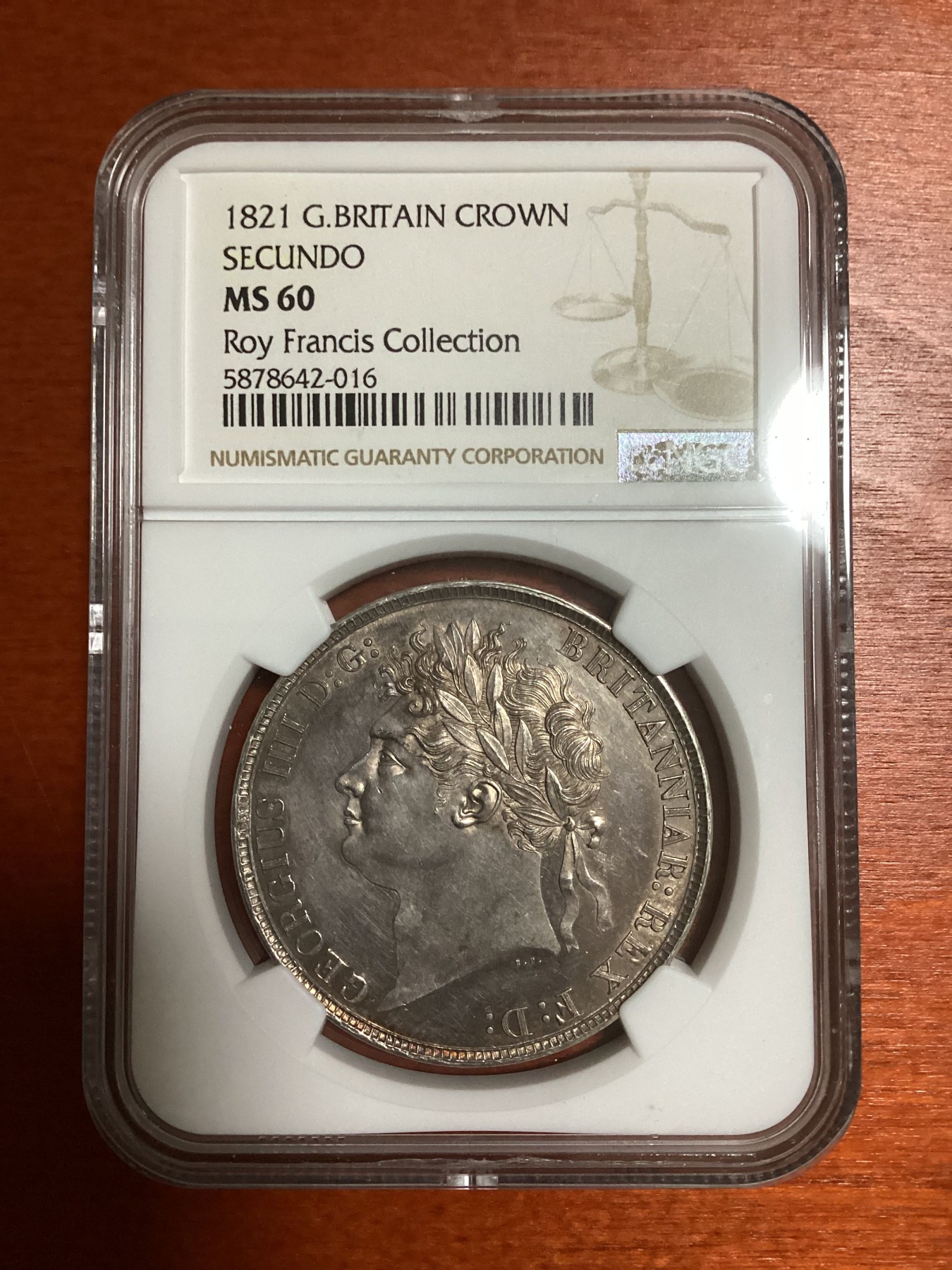 长老汇兔年精选第二场 1821 英国乔治四世马剑1克朗大银币，NGC MS60分，名人旧藏