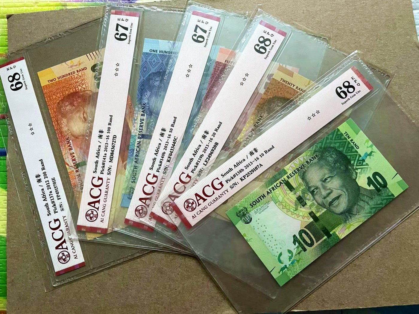 【Blue Auction】✨世界纸币精拍第432期——新年首拍 【一组5张】南非 2012-16年10-200兰特 ACG68EPQ-67EPQ 