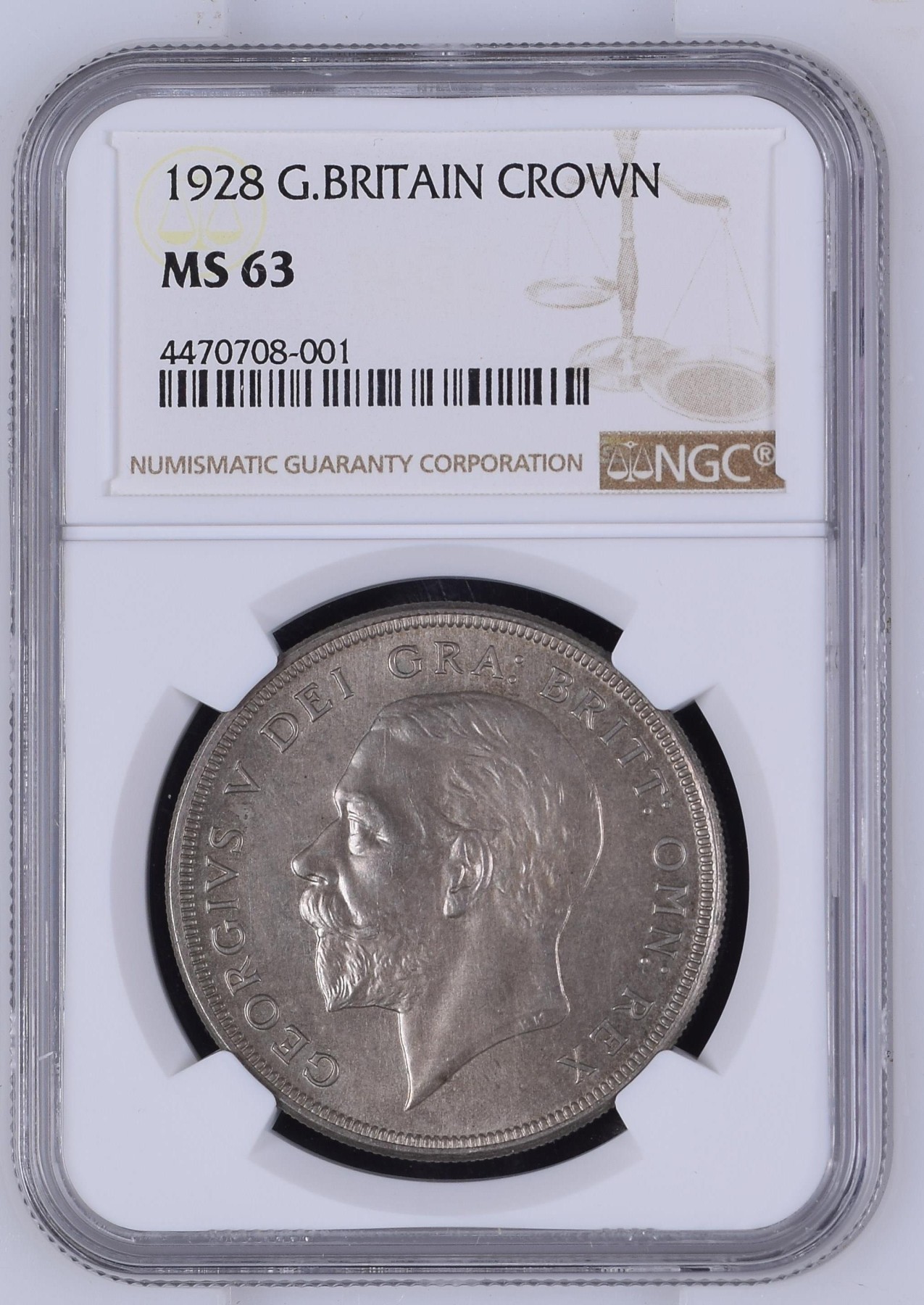 长老汇兔年精选第二场 1928 英国乔治五世花冠1克朗大银币，NGC MS63分