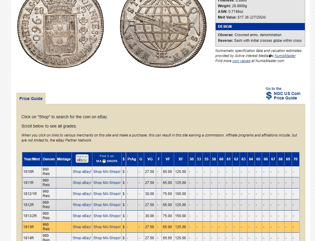 长老汇兔年精选第二场 1813R 巴西早期960R大银币，NGC XF45分，西班牙双柱基础上打制而成，别有韵味