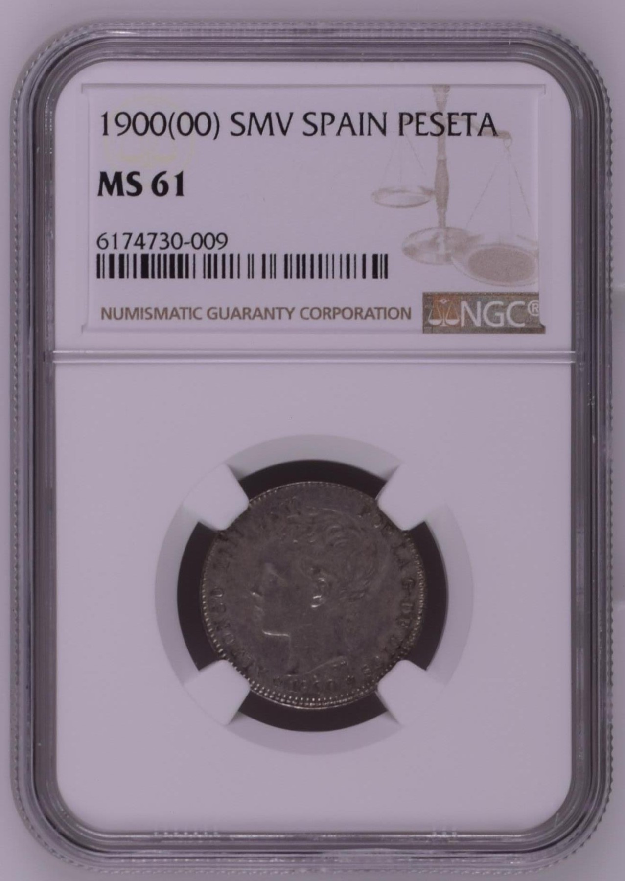 长老汇兔年精选第二场 1900(00) SMV 西班牙阿方索十三世1比塞塔银币，NGC MS61分，更高分仅有26枚，这个有分数的比8里亚尔大银币少多了