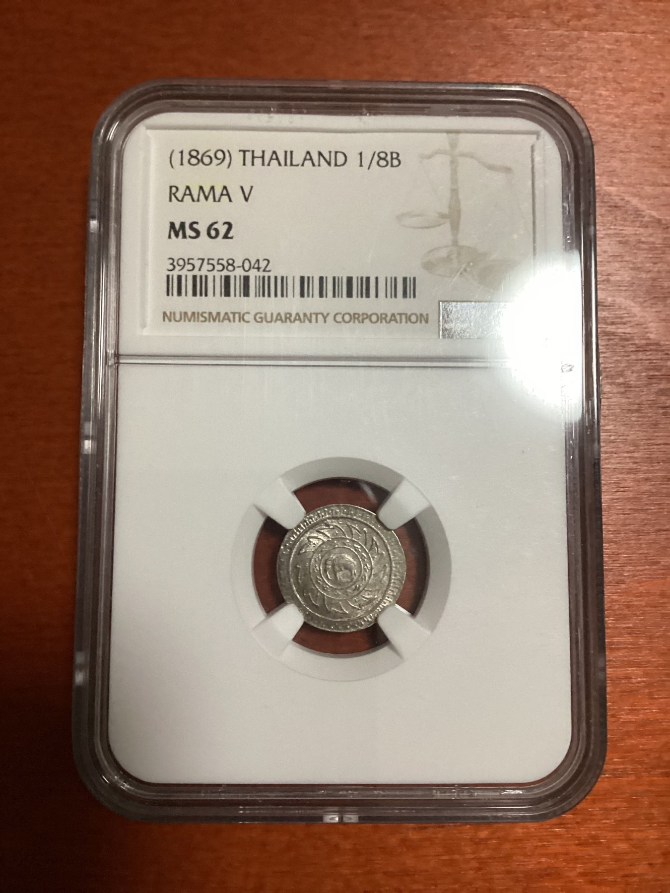 长老汇兔年精选第二场 (1869) 泰国拉玛五世1/8株银币，NGC MS62分