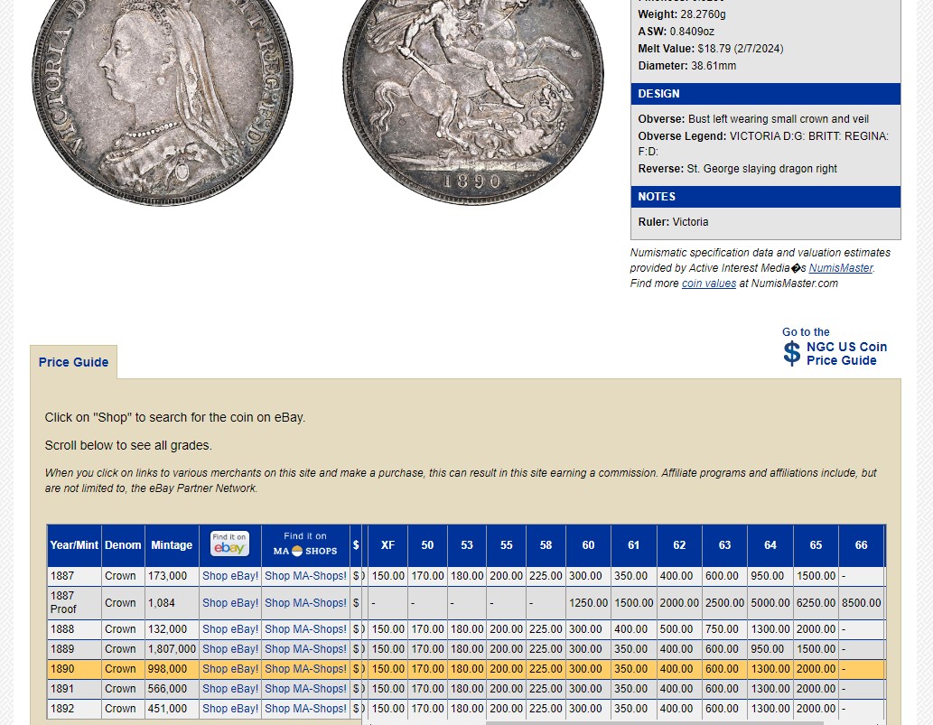长老汇兔年精选第二场 1890 英国维多利亚高冠马剑1克朗大银币，NGC MS62分，特年