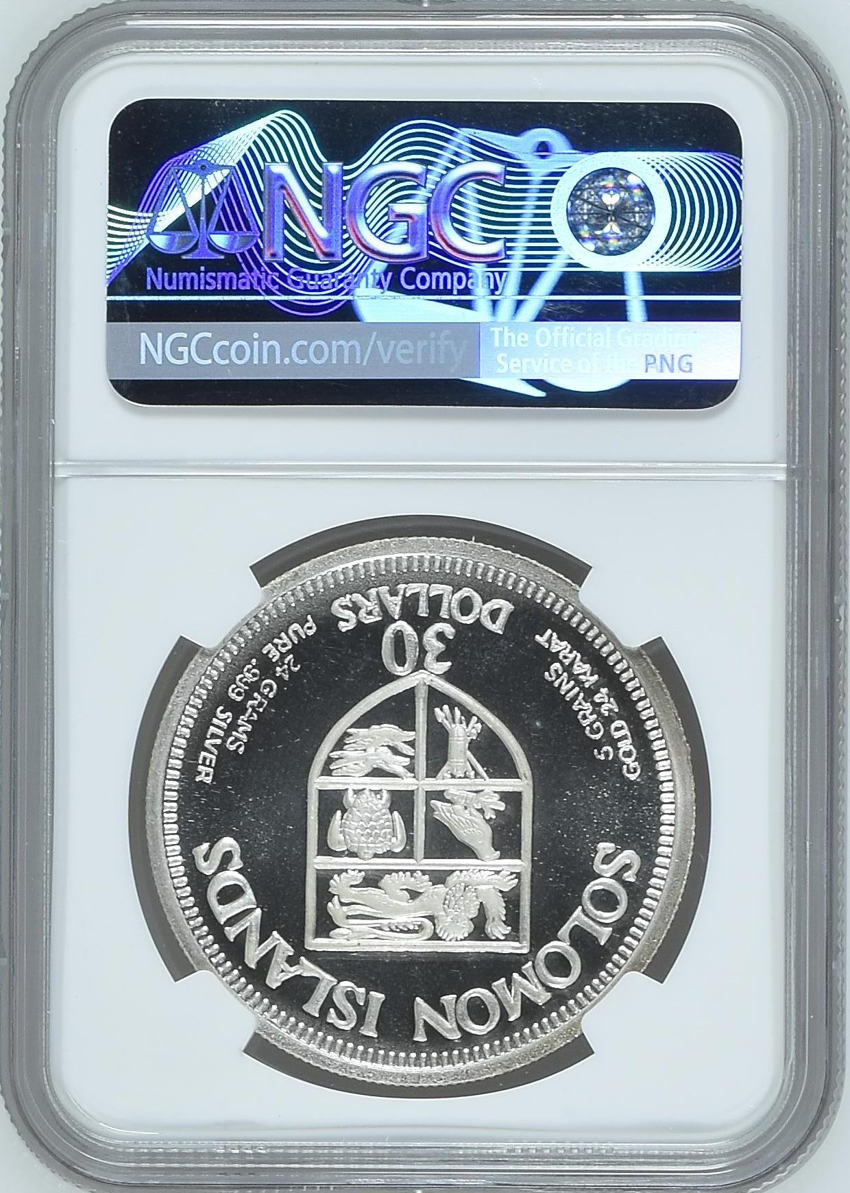 长老汇兔年精选第二场 珍稀币，1975 所罗门袋猴30元镀金精制银币，NGC PF66UC，更高分仅有9枚，背面5grains纯金