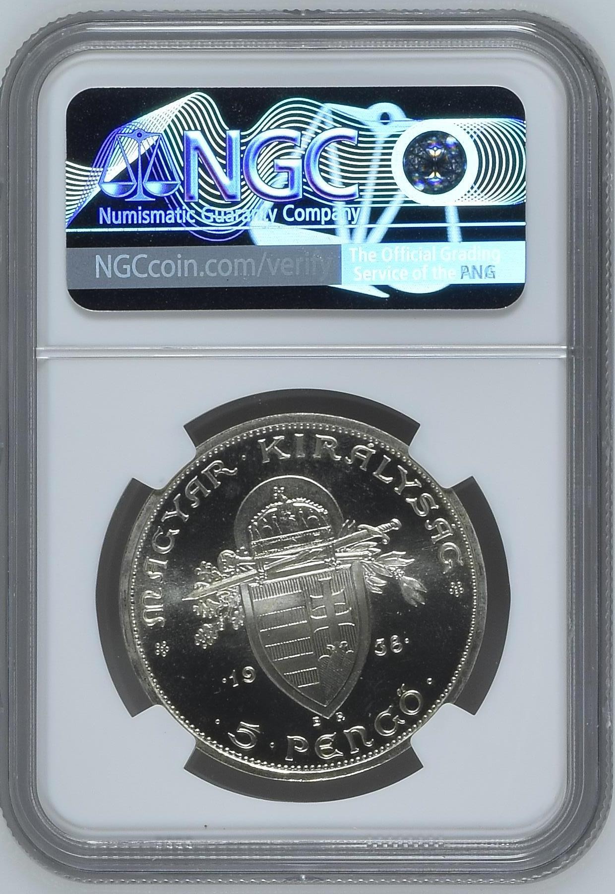 长老汇兔年精选第二场 1938BP 匈牙利圣斯蒂芬5潘果精制银币，NGC PF65UC，更高分仅有12枚，后铸