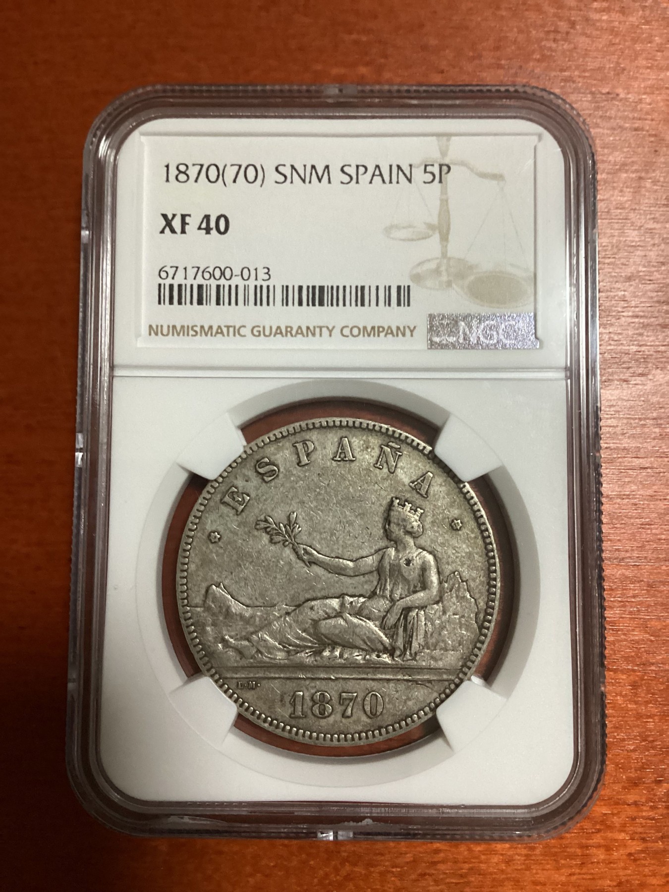 长老汇兔年精选第二场 1870(70) SNM 西班牙拿花5比塞塔大银币，NGC XF40