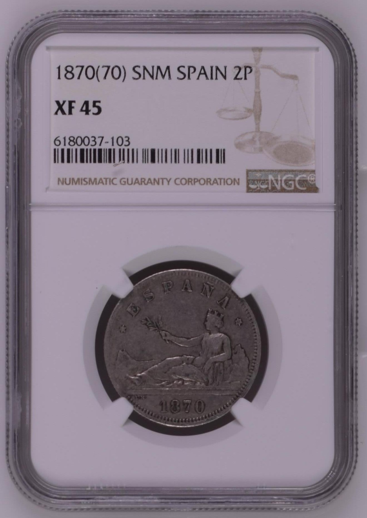 长老汇兔年精选第二场 1870(70) SNM 西班牙拿花2比塞塔银币，NGC XF45分，第四名，更高分仅有三枚