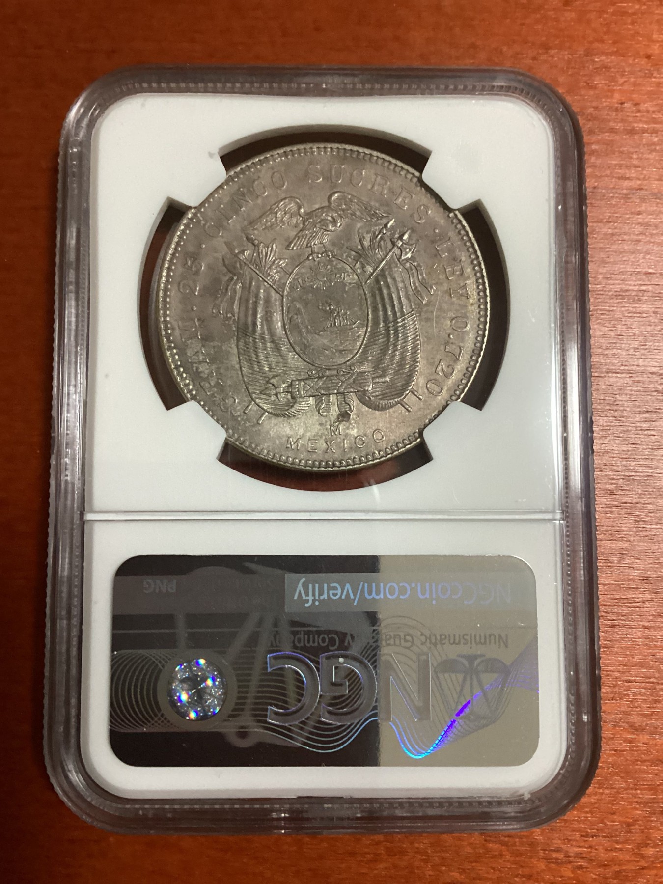长老汇兔年精选第二场 1944MO 厄瓜多尔5苏克雷大银币，NGC UNC， 错杀