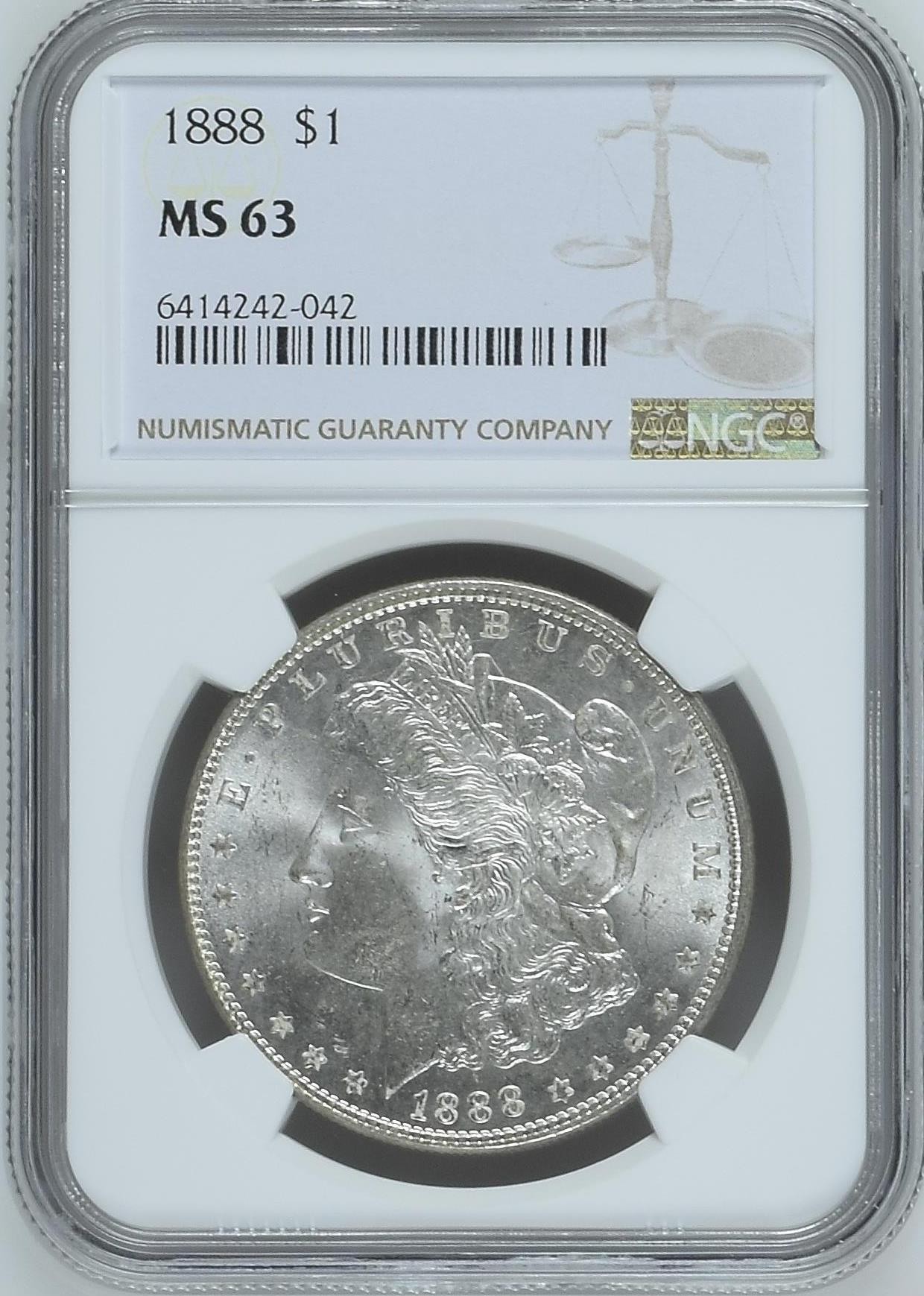长老汇兔年精选第二场 1888美国摩根一美元银币，NGC MS63分，吉祥年份