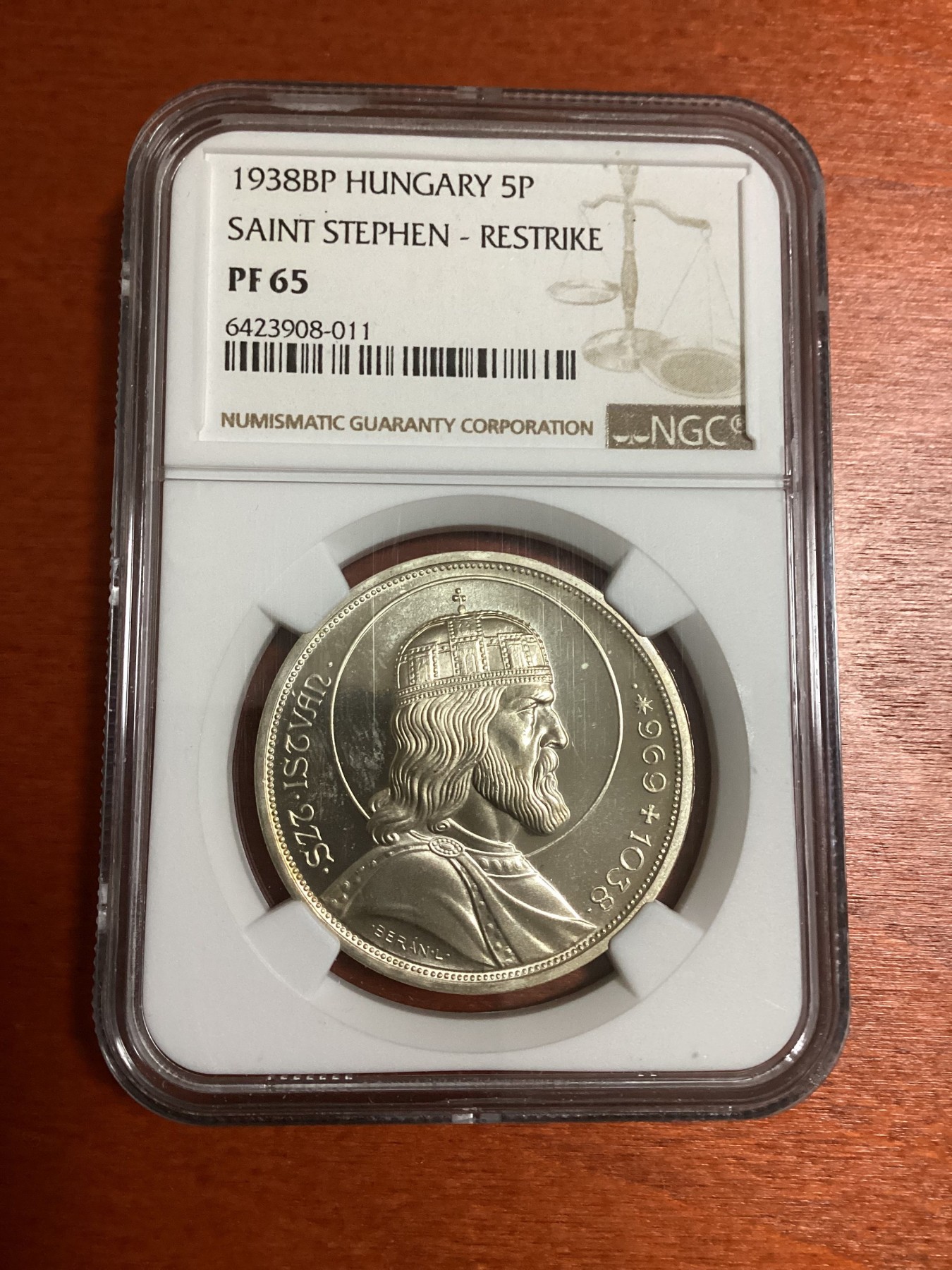 长老汇兔年精选第二场 1938BP 匈牙利圣斯蒂芬5潘果精制银币，NGC PF65UC，更高分仅有12枚，后铸