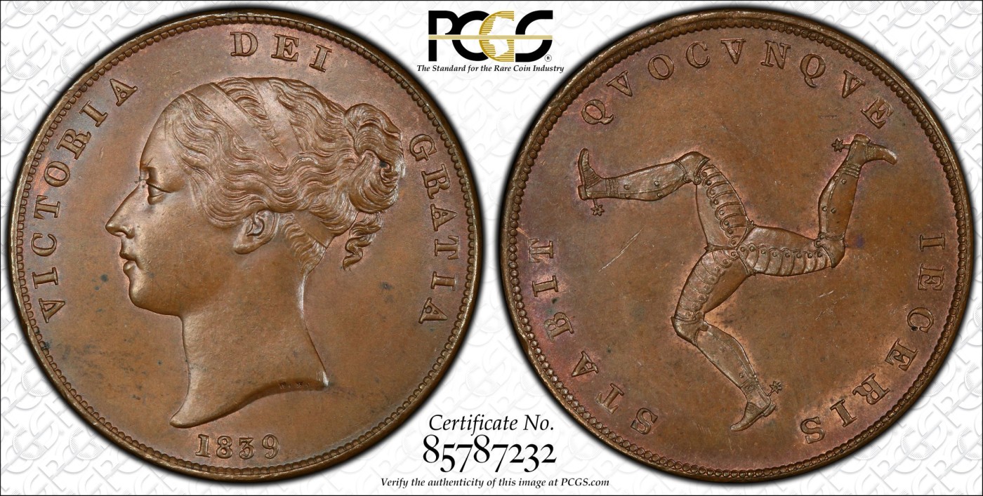 长老汇兔年精选第二场 1839 马恩岛维多利亚首年1便士大铜币，PCGS MS64BN，冠军分，马恩岛三条腿徽章非常抓眼球
