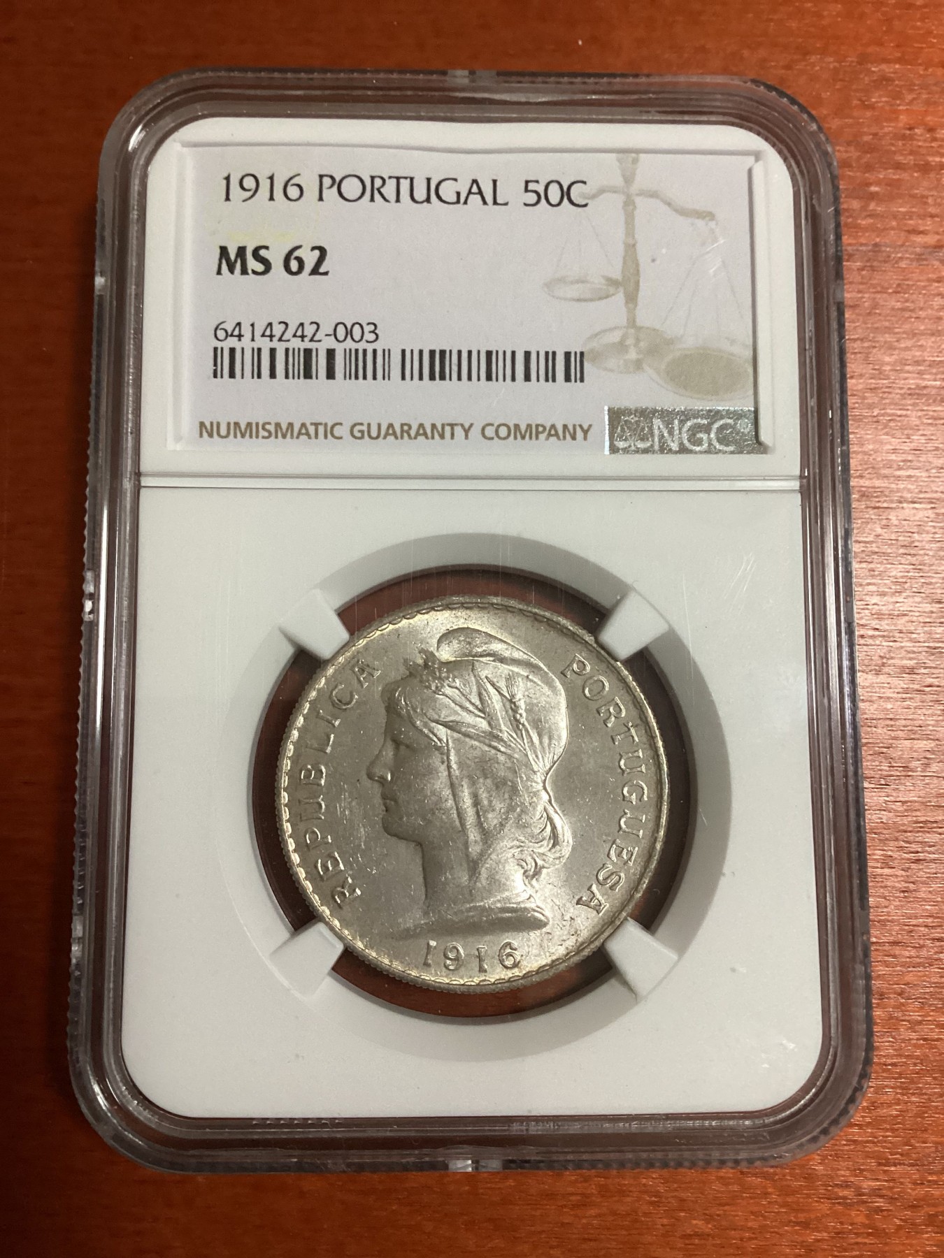 长老汇兔年精选第二场 1916 葡萄牙女神像50分银币，NGC MS62分