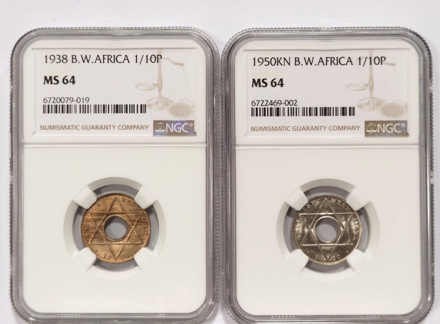 博洋堂世界钱币拍卖第064期（全场包邮） NGC MS64 英属西非1938/50年乔治六世1/10便士，背面文字不同2枚一对