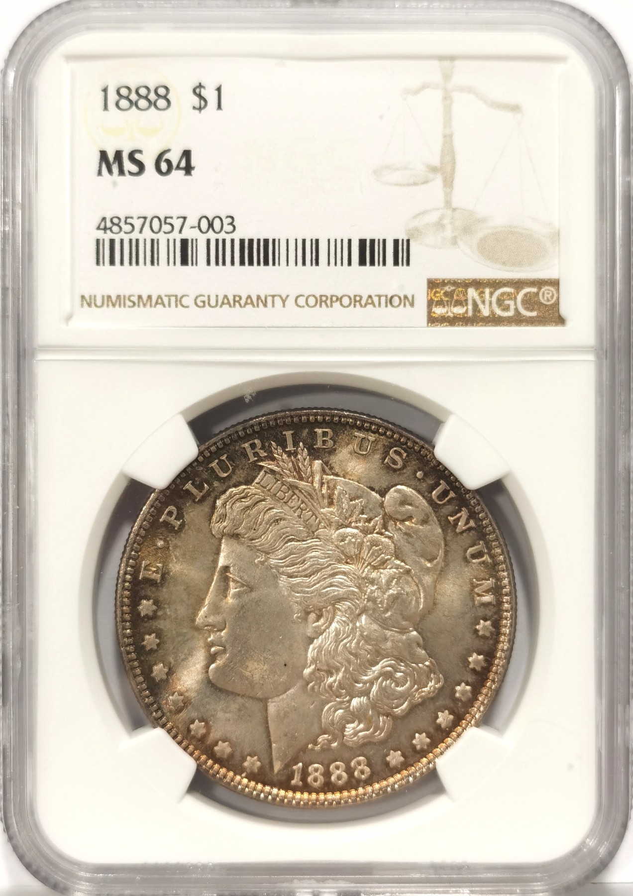 博洋堂世界钱币拍卖第064期（全场包邮） 1888年美国摩根银币P版NGC-MS64，原汁原味五彩老包浆，双面彩，包浆醇厚，打制精美，五彩斑斓。1888吉祥年份吉祥寓意要发发发，市场上比较稀少年份版本的摩根币