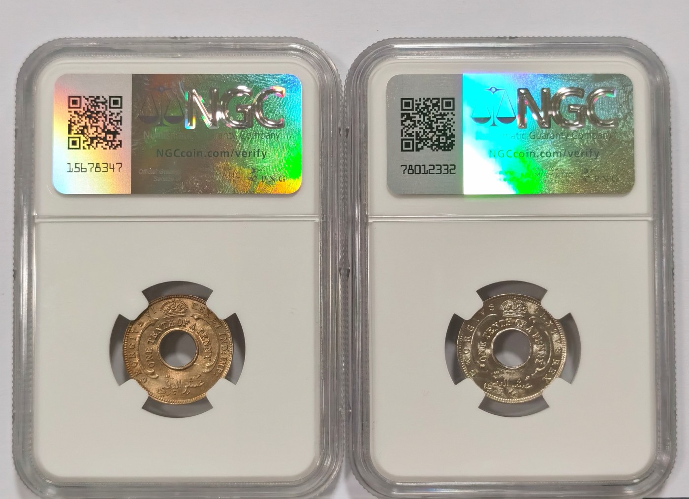 博洋堂世界钱币拍卖第064期（全场包邮） NGC MS64 英属西非1938/50年乔治六世1/10便士，背面文字不同2枚一对