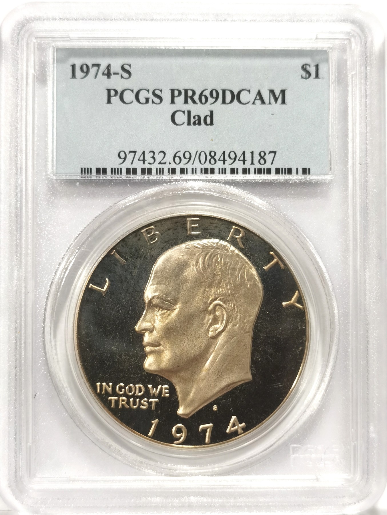 博洋堂世界钱币拍卖第064期（全场包邮） 1974年美国总统艾森豪威尔1美元精制纪念币PCGS-PR69DCAM，原汁原味老包浆，状态极佳，PC早期经典小白盒老盒无官网图，更高评级数量52枚