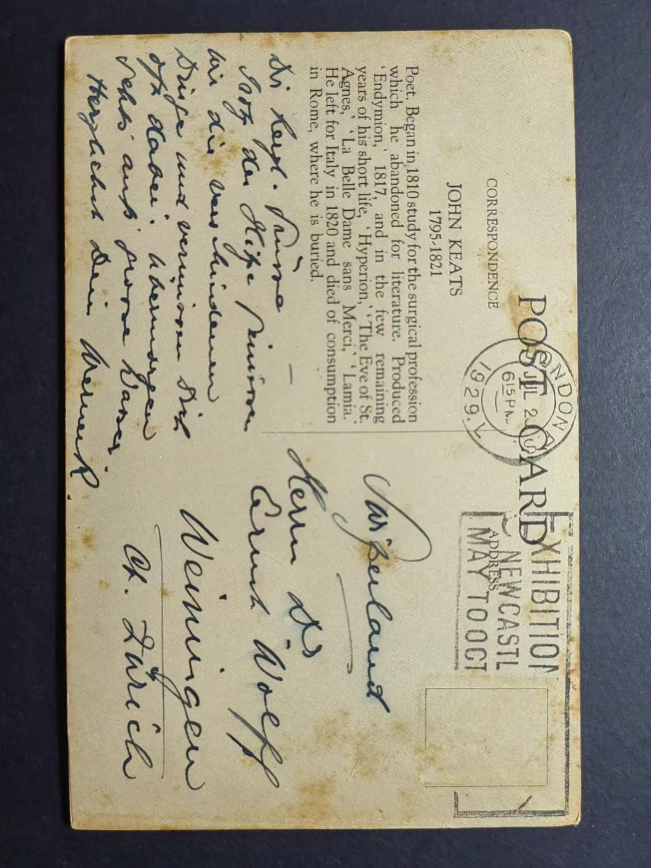 明信片✌（拍卖场）精品🔥专场 第④⑧场 著名诗人-约翰·凯茨 简介明信片