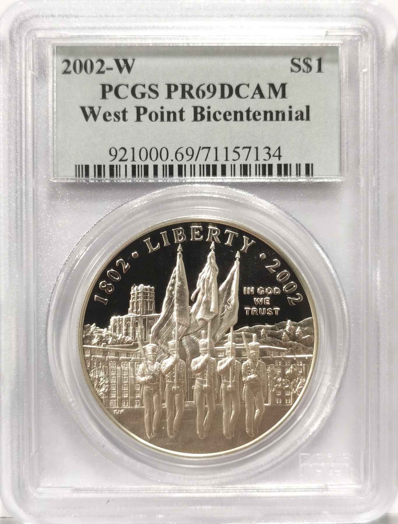 博洋堂世界钱币拍卖第064期（全场包邮） 2002年美国西点军校建校200周年纪念银币PCGS-PR69DCAM，克劳斯获奖币，在2004年获得最佳克朗型硬币奖（Best Crown）。PROOF精制币，状态极佳