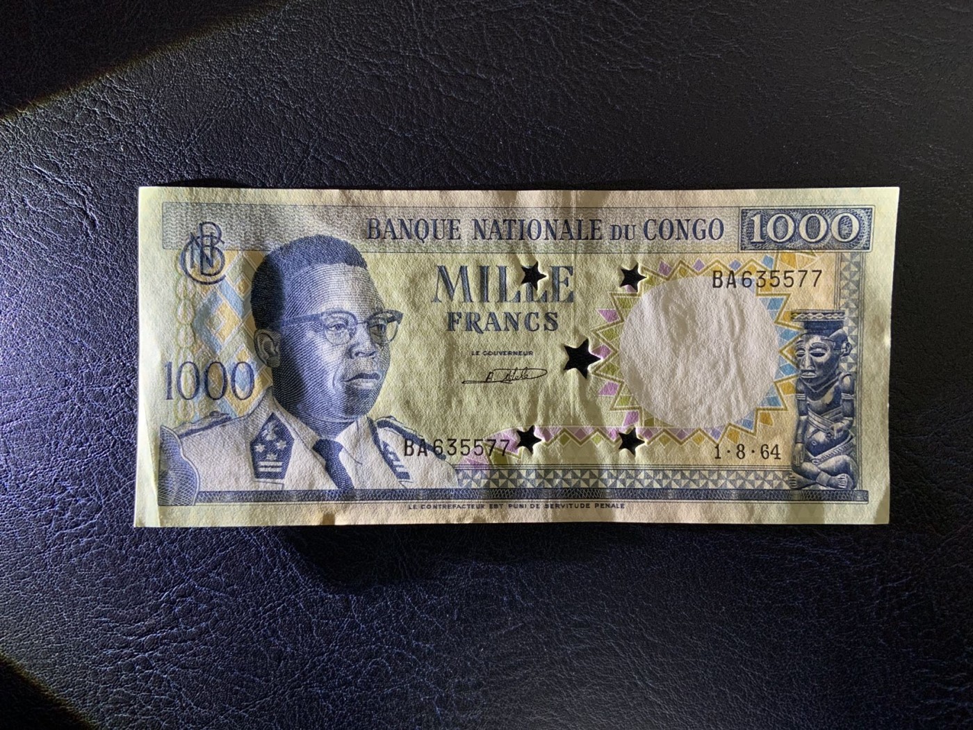 收藏联盟Quantum Auction 第323期拍卖 (需要寄存以及更改收货地址请提前告知) 刚果1964年1000法郎打孔注销票 品相UNC-