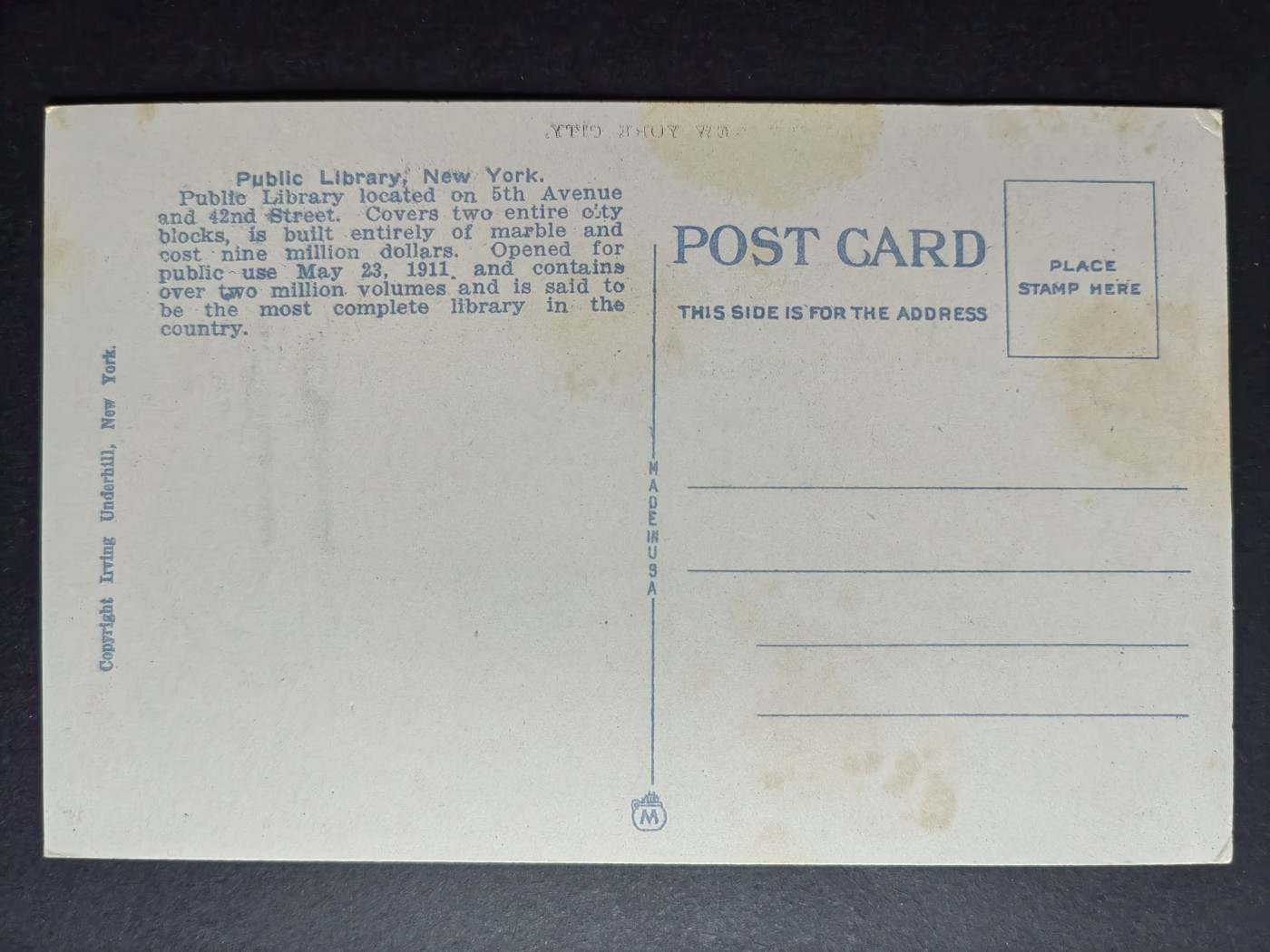 明信片✌（拍卖场）精品🔥专场 第④⑧场 公共图书馆-纽约市