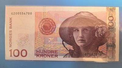 挪威2010年100克朗 00双尾 实物图 欧洲纸币 UNC - 挪威2010年100克朗 00双尾 实物图 欧洲纸币 UNC