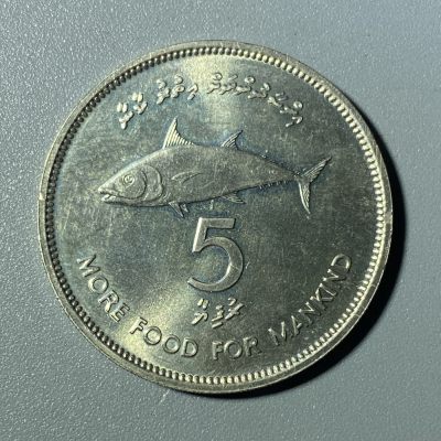 回流专场（持续更新中） - 稀少！发行量仅1.5万枚！1977年马尔代夫金枪鱼5拉菲亚铜镍币 联合国粮农组织纪念币