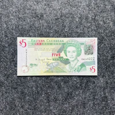 128th 伊丽莎白二世女王钞 - 东加勒比2008年5元纸钞，豹子号222（BW245222）