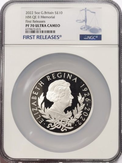 博洋堂世界钱币拍卖第064期（全场包邮） - NGC PF70UC 英国2022年伊丽莎白二世女王逝世纪念5盎司银币，背面查尔斯王子肖像，发行量仅1000枚，难得二代君王出现在一枚币上，颇具收藏价值
