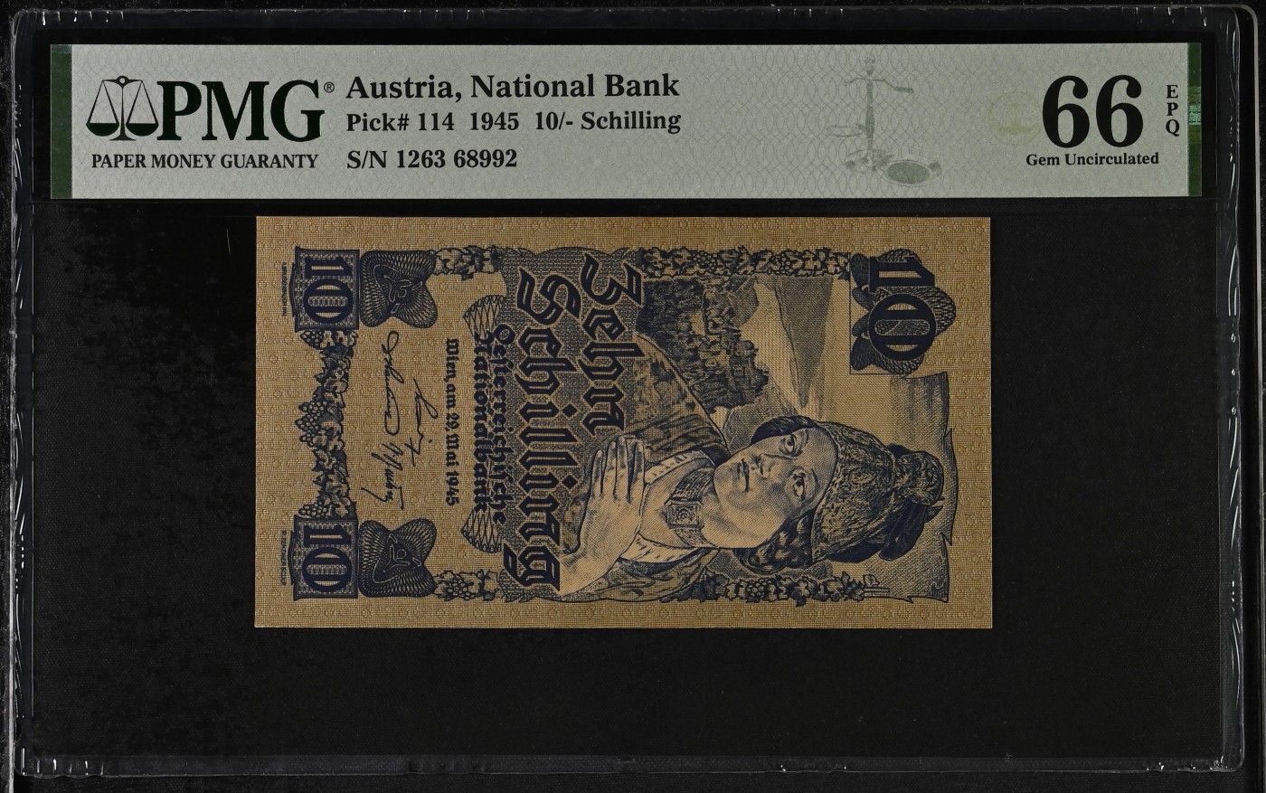 🦩收藏联盟Quantum Auction 第324期拍卖  奥地利1945年10先令 PMG66 号码全程无457 