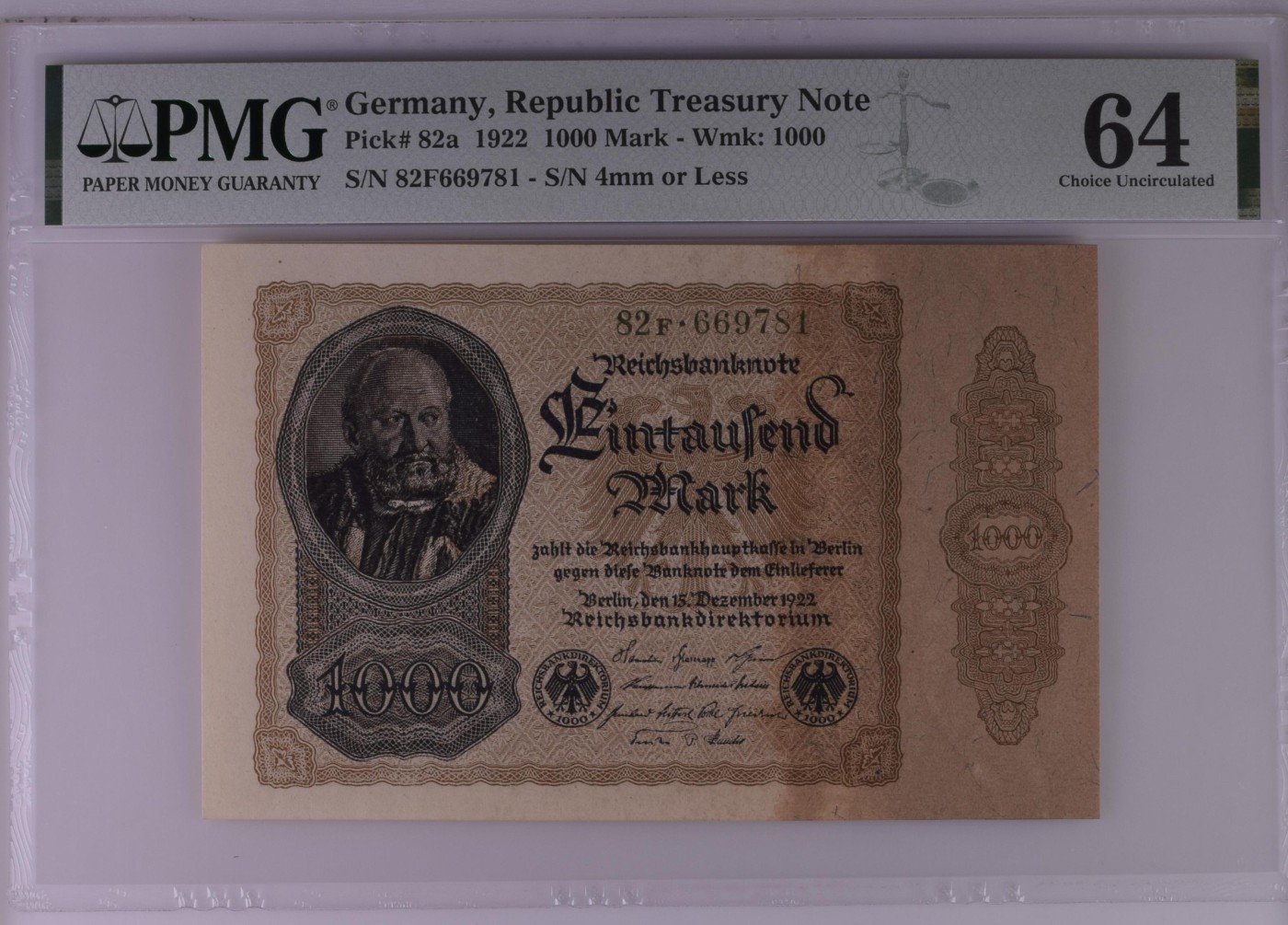 🦩收藏联盟Quantum Auction 第324期拍卖  德国1922年1000马克 PMG64 少见 号码全程无4
