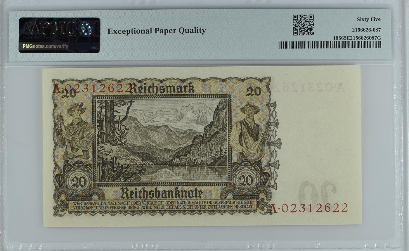 🦩收藏联盟Quantum Auction 第324期拍卖  德国1939年20马克 PMG65 号码无457 首发A冠 与奥地利珍品100先令高度相似模版
