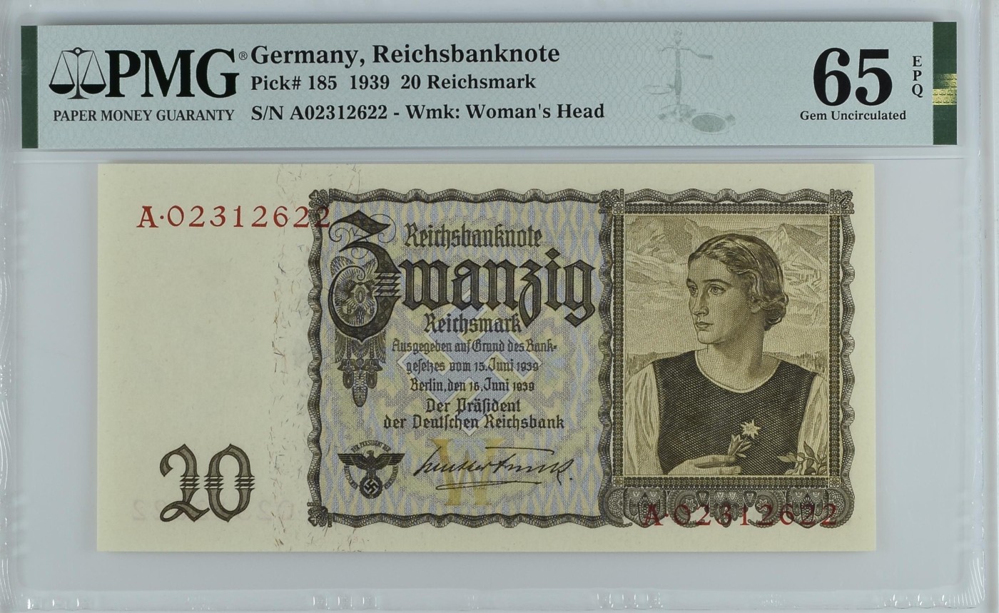 🦩收藏联盟Quantum Auction 第324期拍卖  德国1939年20马克 PMG65 号码无457 首发A冠 与奥地利珍品100先令高度相似模版