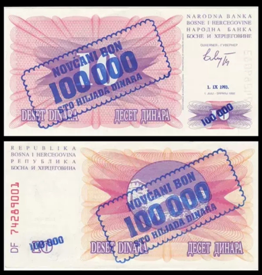 波黑100000(10万)第纳尔纸币1993年全新UNC欧洲外国钱币 