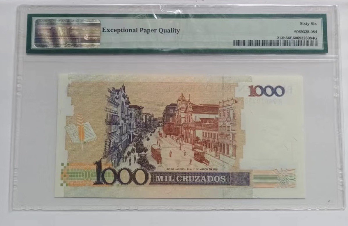 🦩收藏联盟Quantum Auction 第324期拍卖  巴西1988年1000克鲁兹 PMG66 背面为1906年里约热内卢第一大街景色