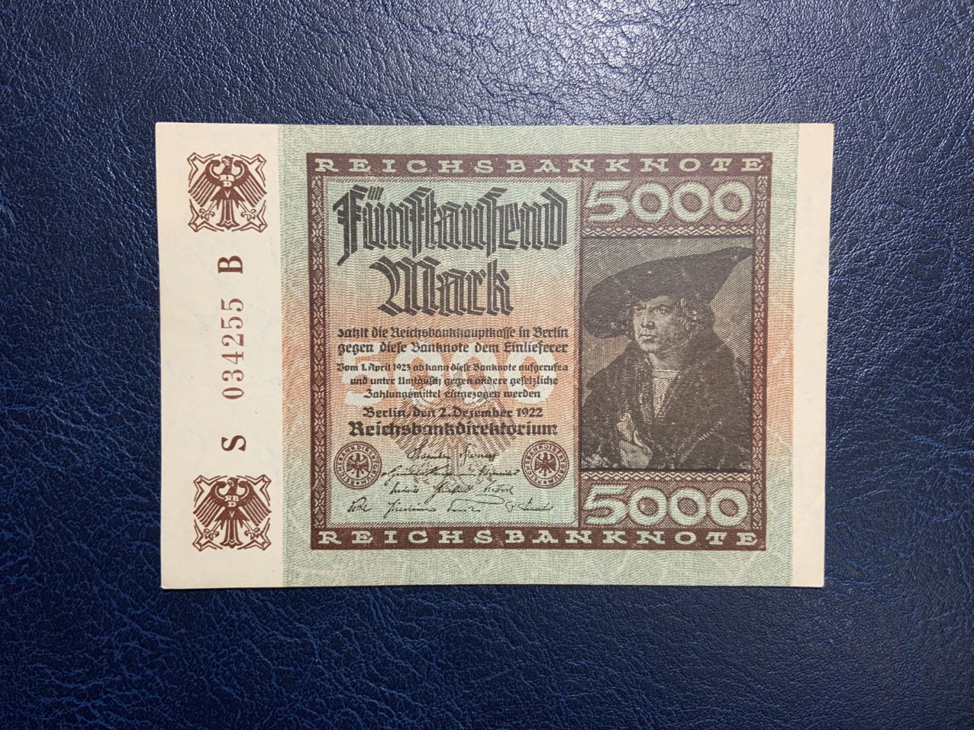 🦩收藏联盟Quantum Auction 第324期拍卖  德国1922年5000马克 品相UNC- 取材画作