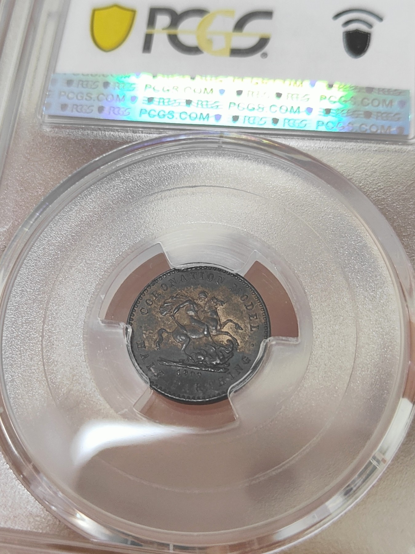 🏮💰物与斋新春连拍3-世界近现代硬币专场（共三场合并发货） PCGS-MS64BN 英国1902年爱德华七世半法新登基纪念铜币 最小的马剑 人像面镜面底板 背面铜光鲜动