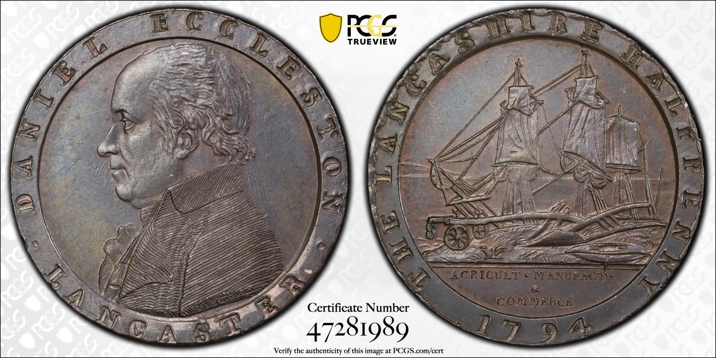 🏮💰物与斋新春连拍3-世界近现代硬币专场（共三场合并发货） PCGS-MS64BN 英国1794年兰开斯特小车轮半便士代币 SOHO厂铸造，车轮便士鼻祖，宽边铭技术首次应用，巧克力包浆，高分高状态