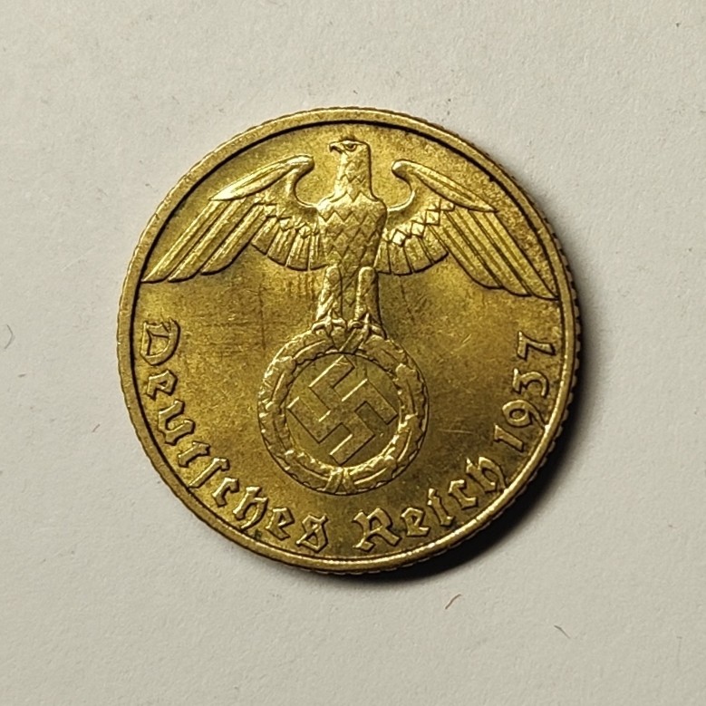 🏮💰物与斋新春连拍3-世界近现代硬币专场（共三场合并发货） 德国1937汉堡J厂5芬尼黄铜币，经典鹰徽，带转光