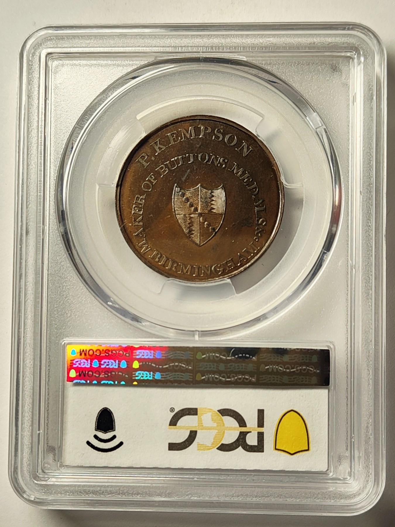🏮💰物与斋新春连拍3-世界近现代硬币专场（共三场合并发货） PCGS-MS64BN 英国1790年代华威郡半便士代币 类精制状态，底板镜面图案磨砂感明显，打制深峻，建筑浮雕精致