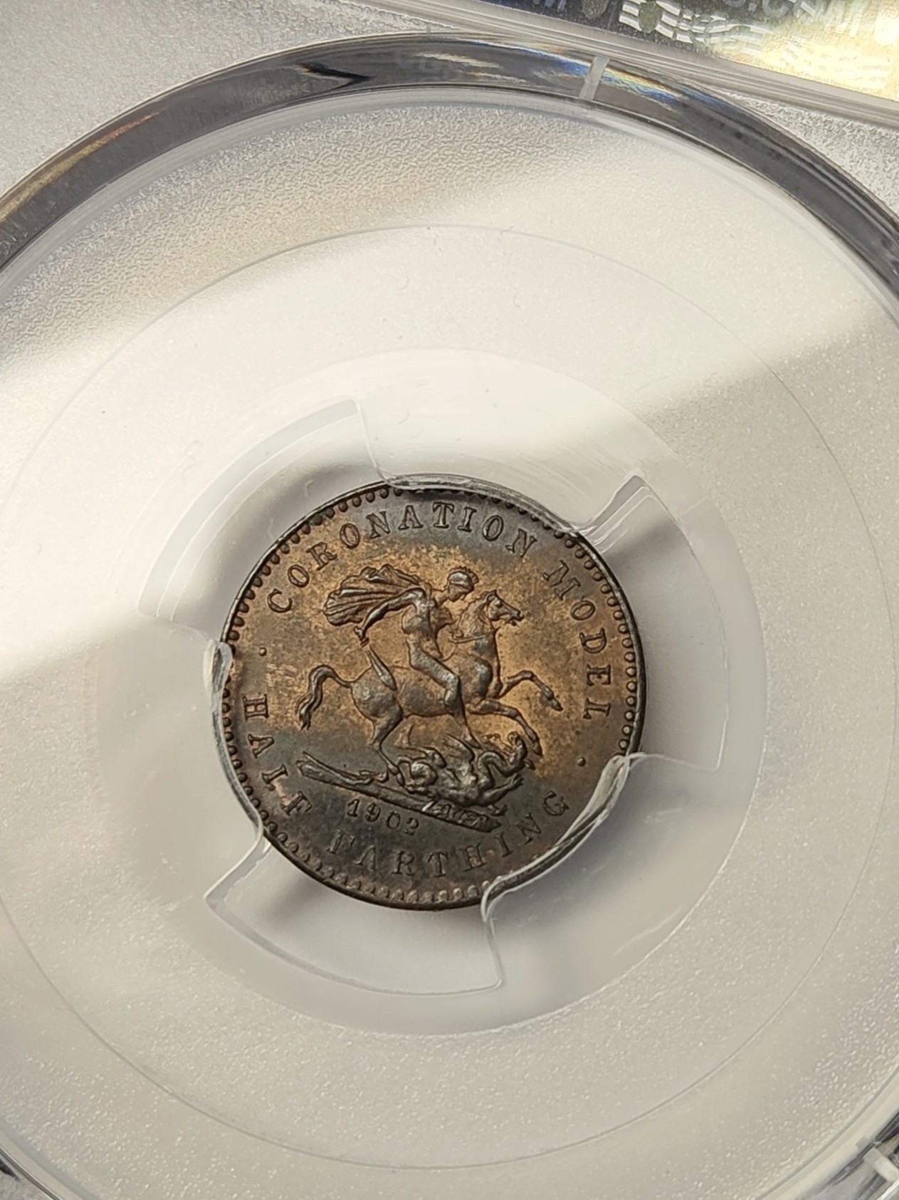 🏮💰物与斋新春连拍3-世界近现代硬币专场（共三场合并发货） PCGS-MS64BN 英国1902年爱德华七世半法新登基纪念铜币 最小的马剑 人像面镜面底板 背面铜光鲜动