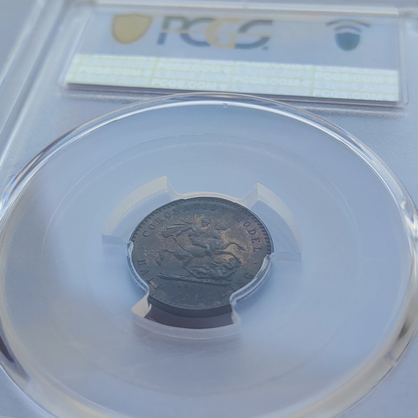 🏮💰物与斋新春连拍3-世界近现代硬币专场（共三场合并发货） PCGS-MS64BN 英国1902年爱德华七世半法新登基纪念铜币 最小的马剑 人像面镜面底板 背面铜光鲜动