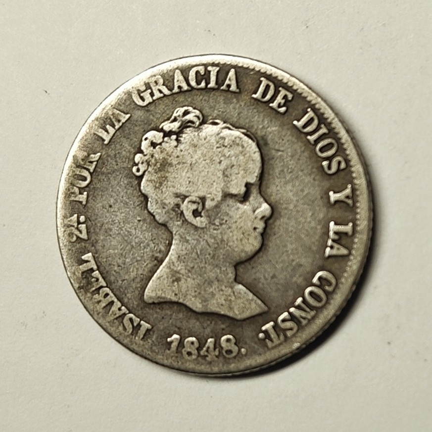 🏮💰物与斋新春连拍3-世界近现代硬币专场（共三场合并发货） 西班牙伊莎贝拉二世1848马德里厂M-CL版4里亚尔银币，猪头妹自然传世包浆