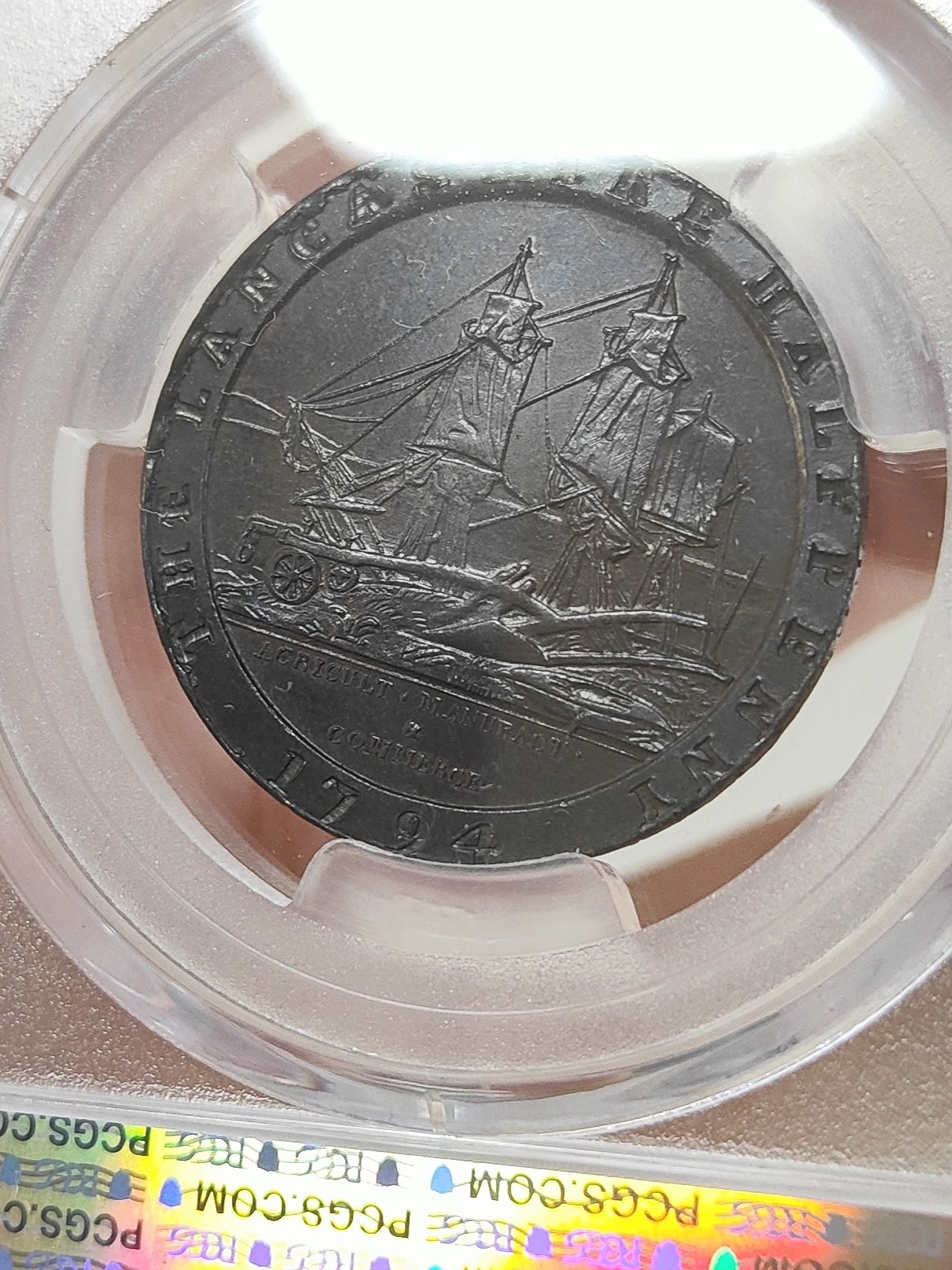 🏮💰物与斋新春连拍3-世界近现代硬币专场（共三场合并发货） PCGS-MS64BN 英国1794年兰开斯特小车轮半便士代币 SOHO厂铸造，车轮便士鼻祖，宽边铭技术首次应用，巧克力包浆，高分高状态
