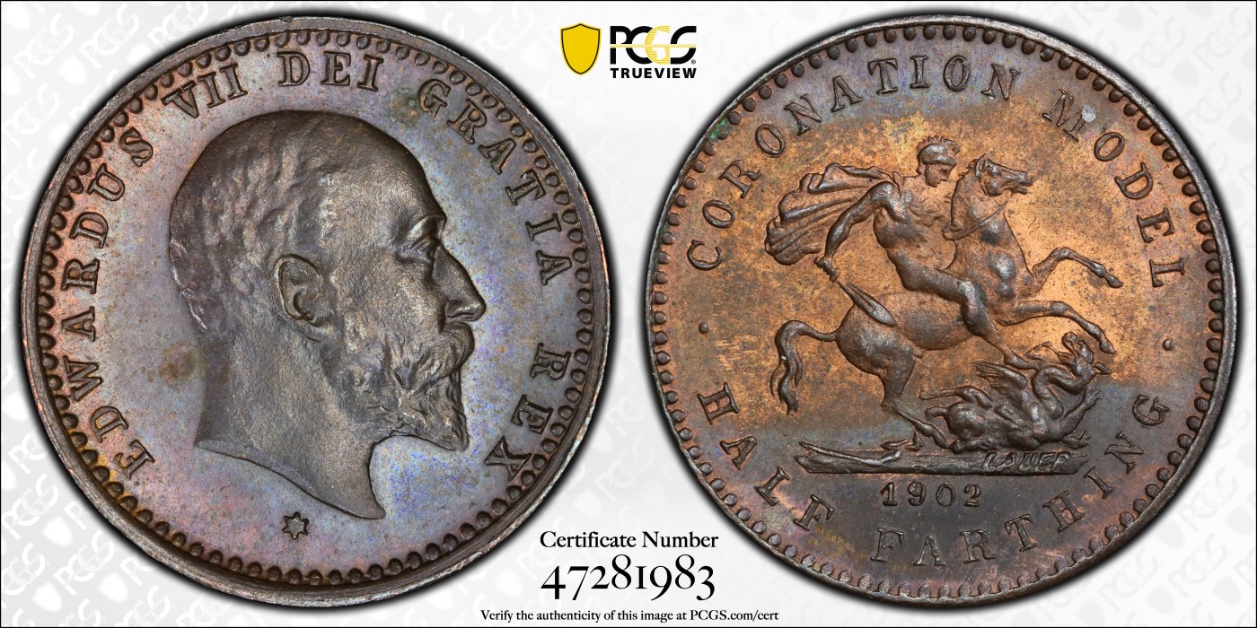 🏮💰物与斋新春连拍3-世界近现代硬币专场（共三场合并发货） PCGS-MS64BN 英国1902年爱德华七世半法新登基纪念铜币 最小的马剑 人像面镜面底板 背面铜光鲜动
