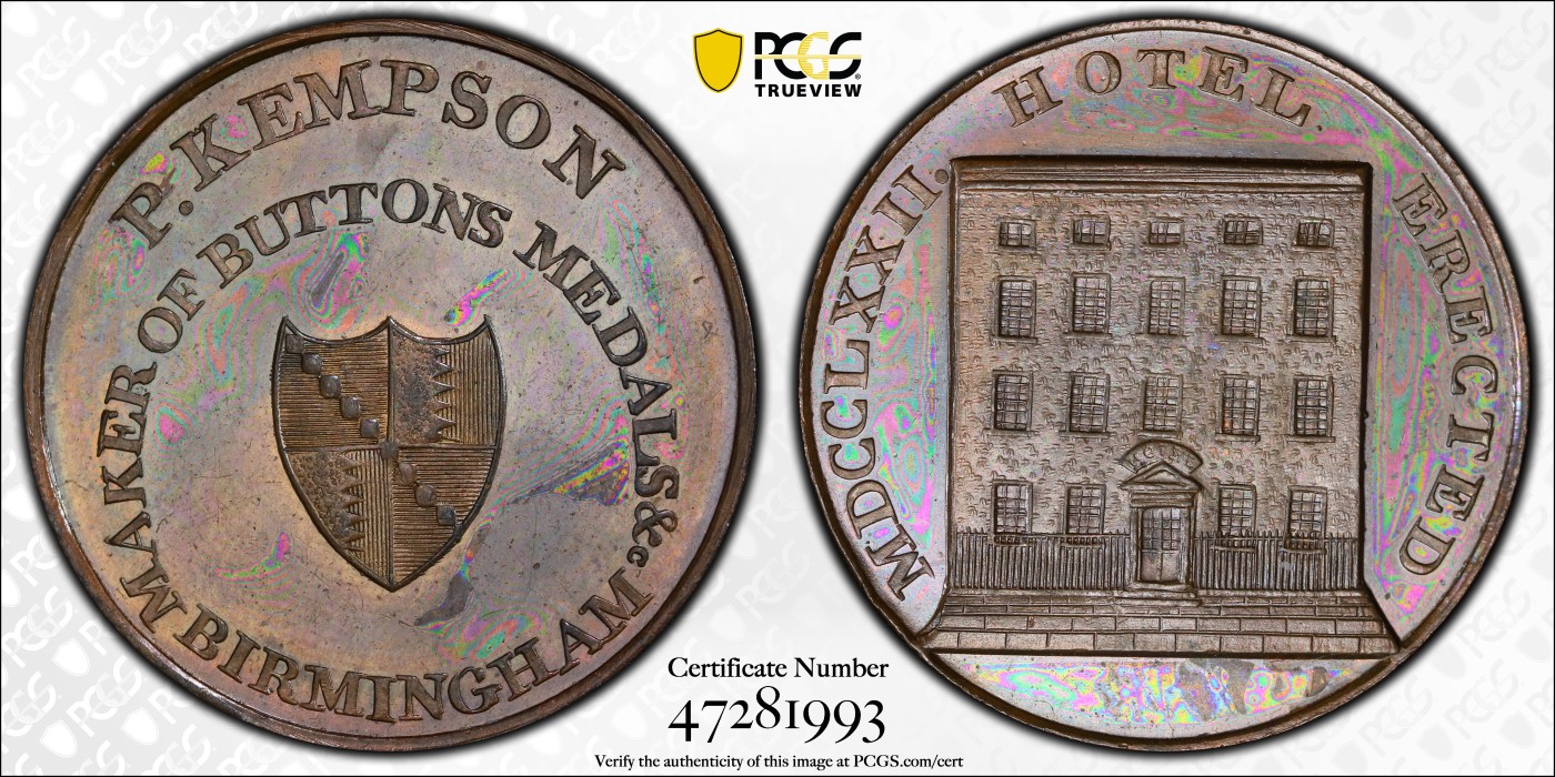 🏮💰物与斋新春连拍3-世界近现代硬币专场（共三场合并发货） PCGS-MS64BN 英国1790年代华威郡半便士代币 类精制状态，底板镜面图案磨砂感明显，打制深峻，建筑浮雕精致