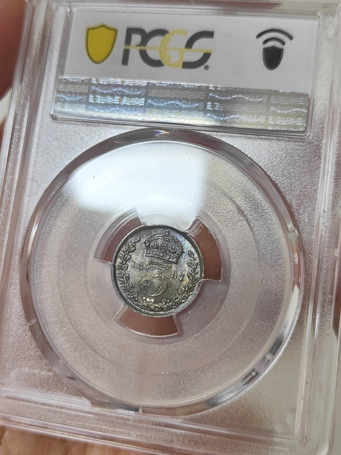 🏮💰物与斋新春连拍3-世界近现代硬币专场（共三场合并发货） PCGS-MS63 英国1887年维多利亚高冠三便士银币 绝美五彩包浆，深打好细节，个人觉得低评
