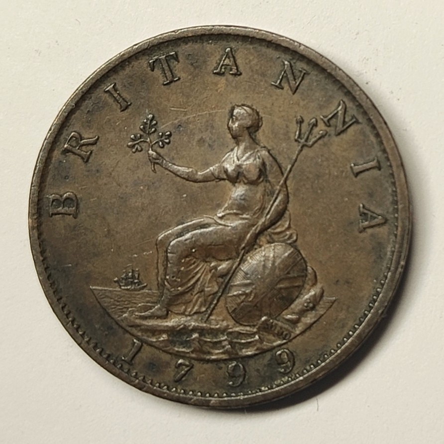 🏮💰物与斋新春连拍3-世界近现代硬币专场（共三场合并发货） 英国1799年乔治三世半便士铜币 AU状态 经典大铜 安全边设计 观赏性强