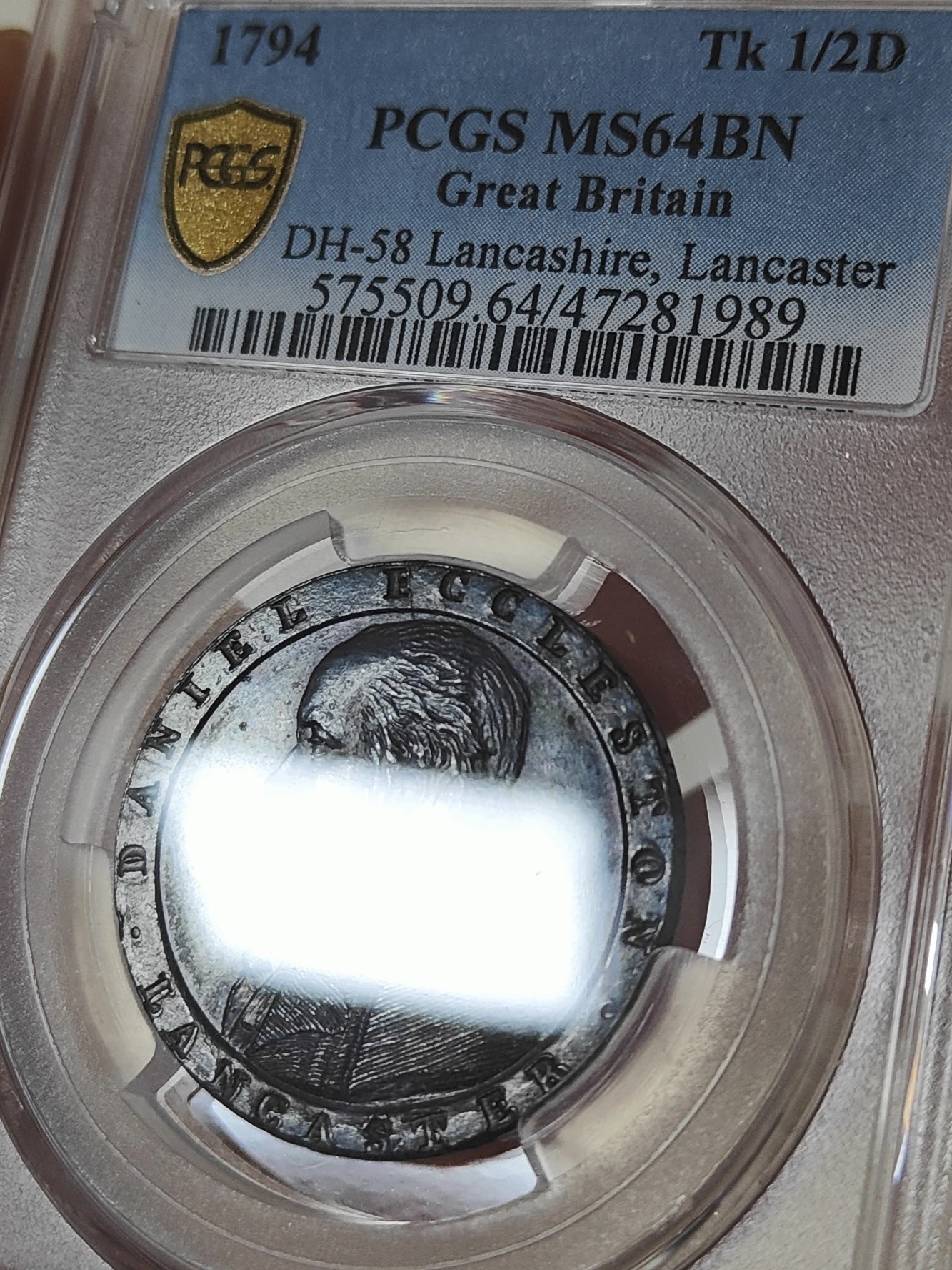 🏮💰物与斋新春连拍3-世界近现代硬币专场（共三场合并发货） PCGS-MS64BN 英国1794年兰开斯特小车轮半便士代币 SOHO厂铸造，车轮便士鼻祖，宽边铭技术首次应用，巧克力包浆，高分高状态