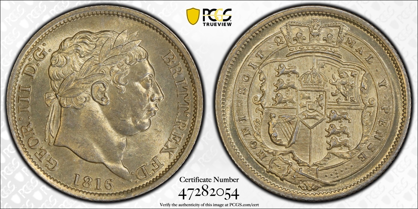 🏮💰物与斋新春连拍3-世界近现代硬币专场（共三场合并发货） PCGS-MS63 英国1816年乔治三世牛头先令银币，淡黄油彩，盒子正面略有磨损如图